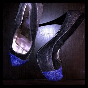 Blue, silver and charcoal gray shoes